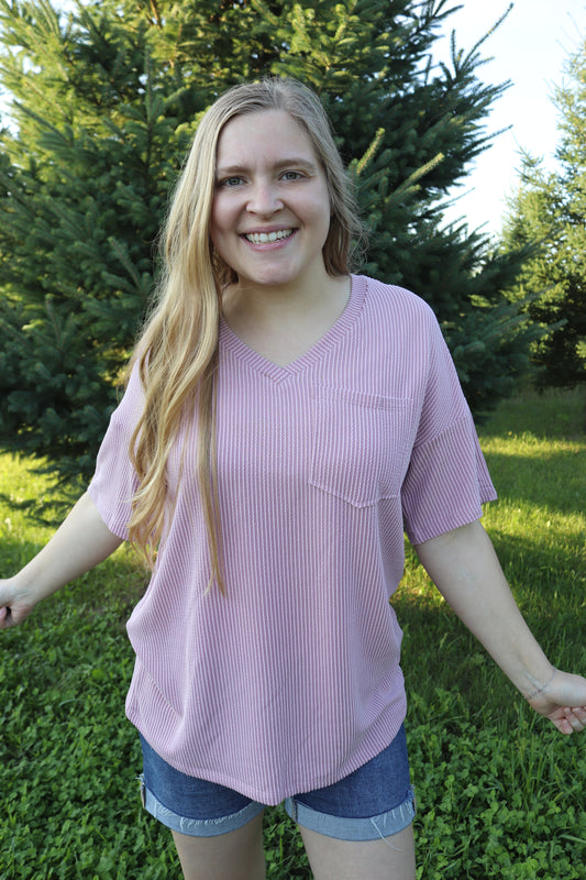 Pink Ribbed V-neck Tee