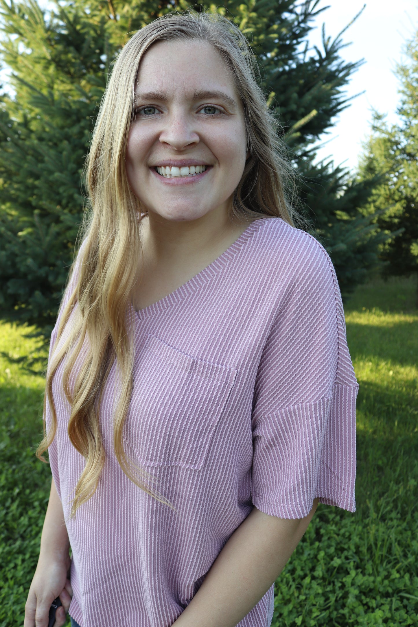 Pink Ribbed V-neck Tee