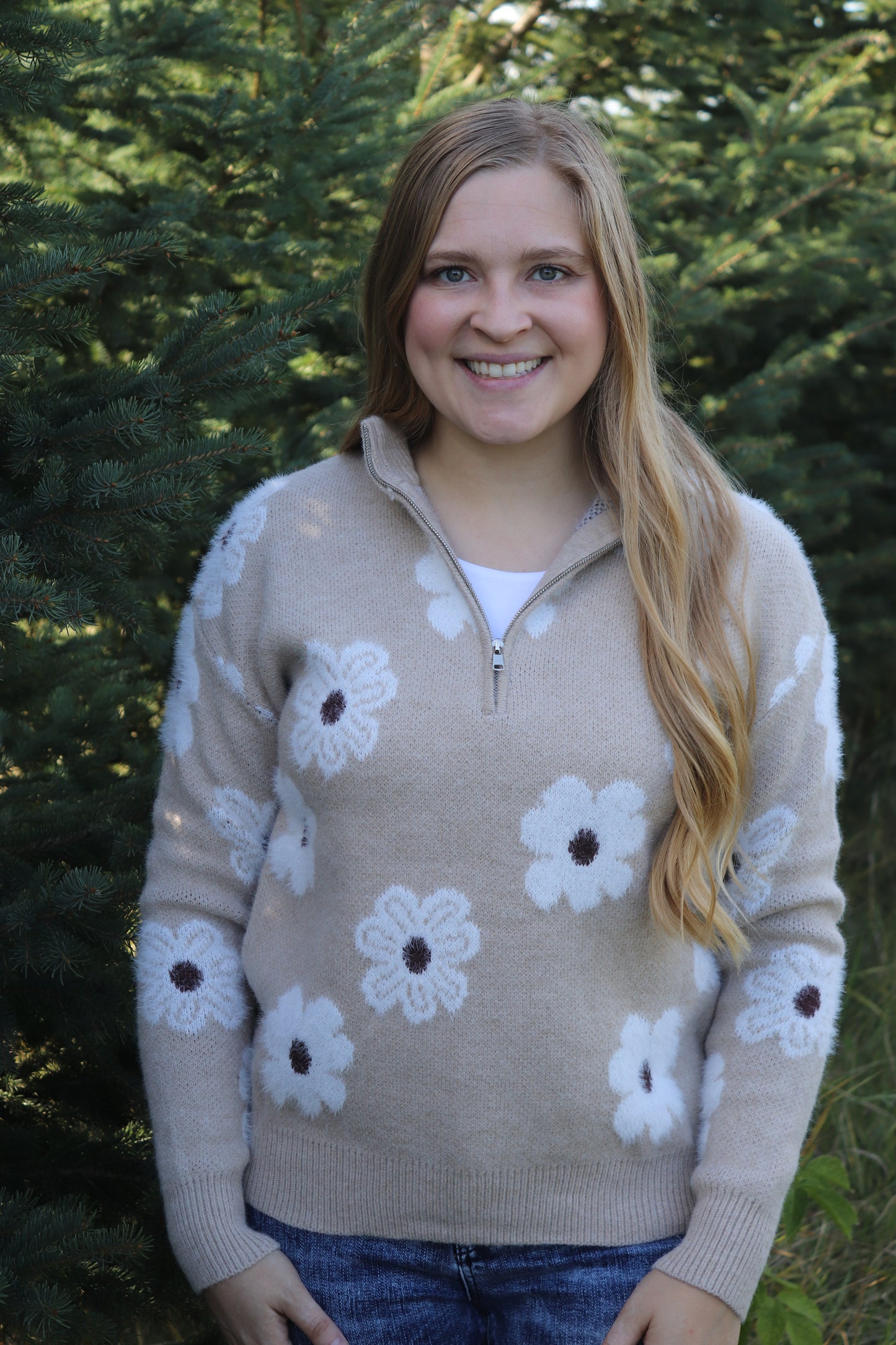 Tan Floral Half Zip Sweater