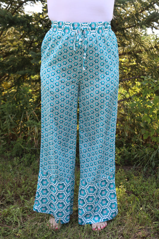 Teal Geometric Wide Leg Pants