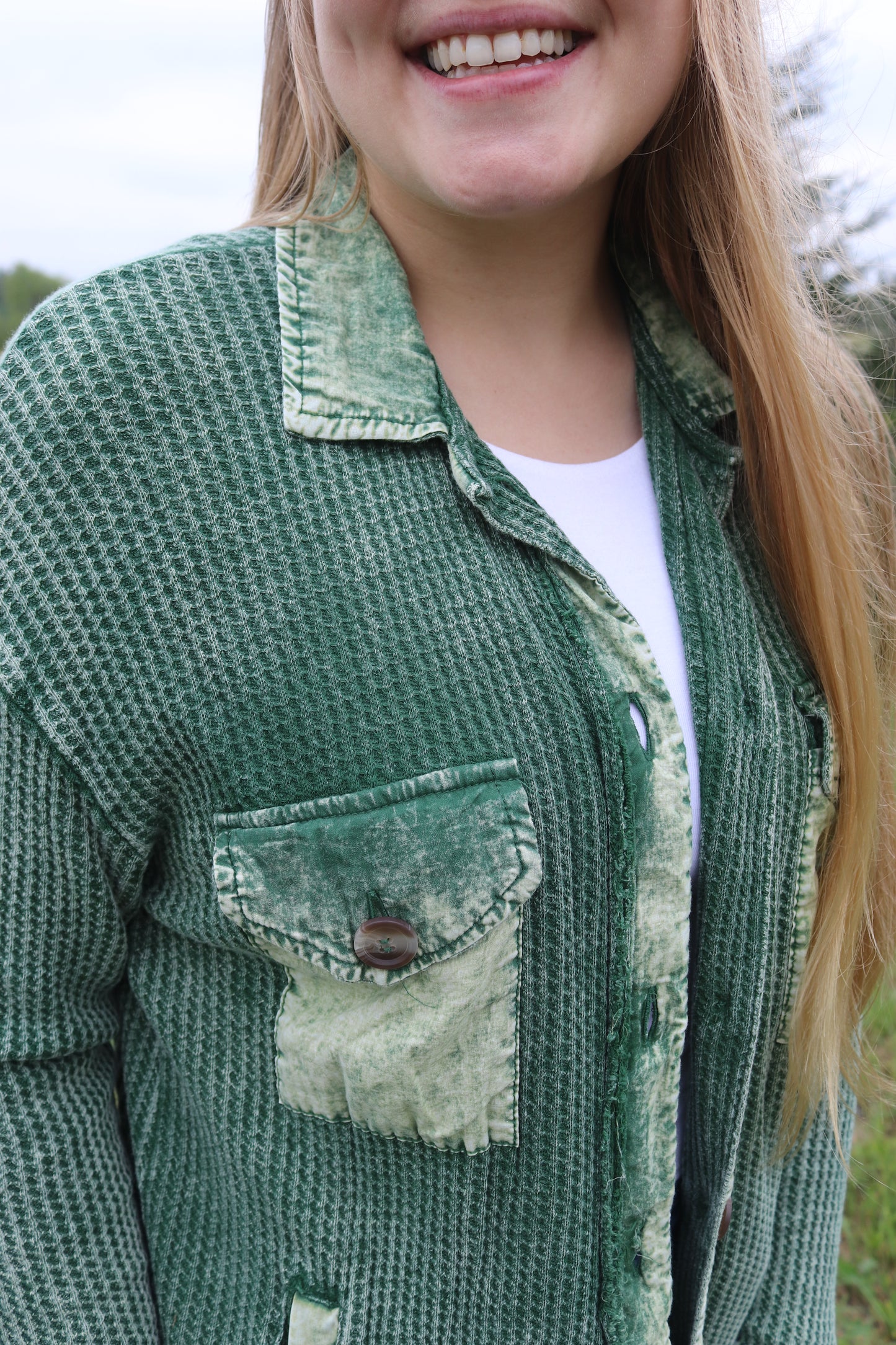 Forest Green Washed Waffle Button Up