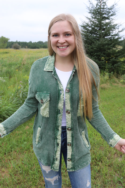 Forest Green Washed Waffle Button Up