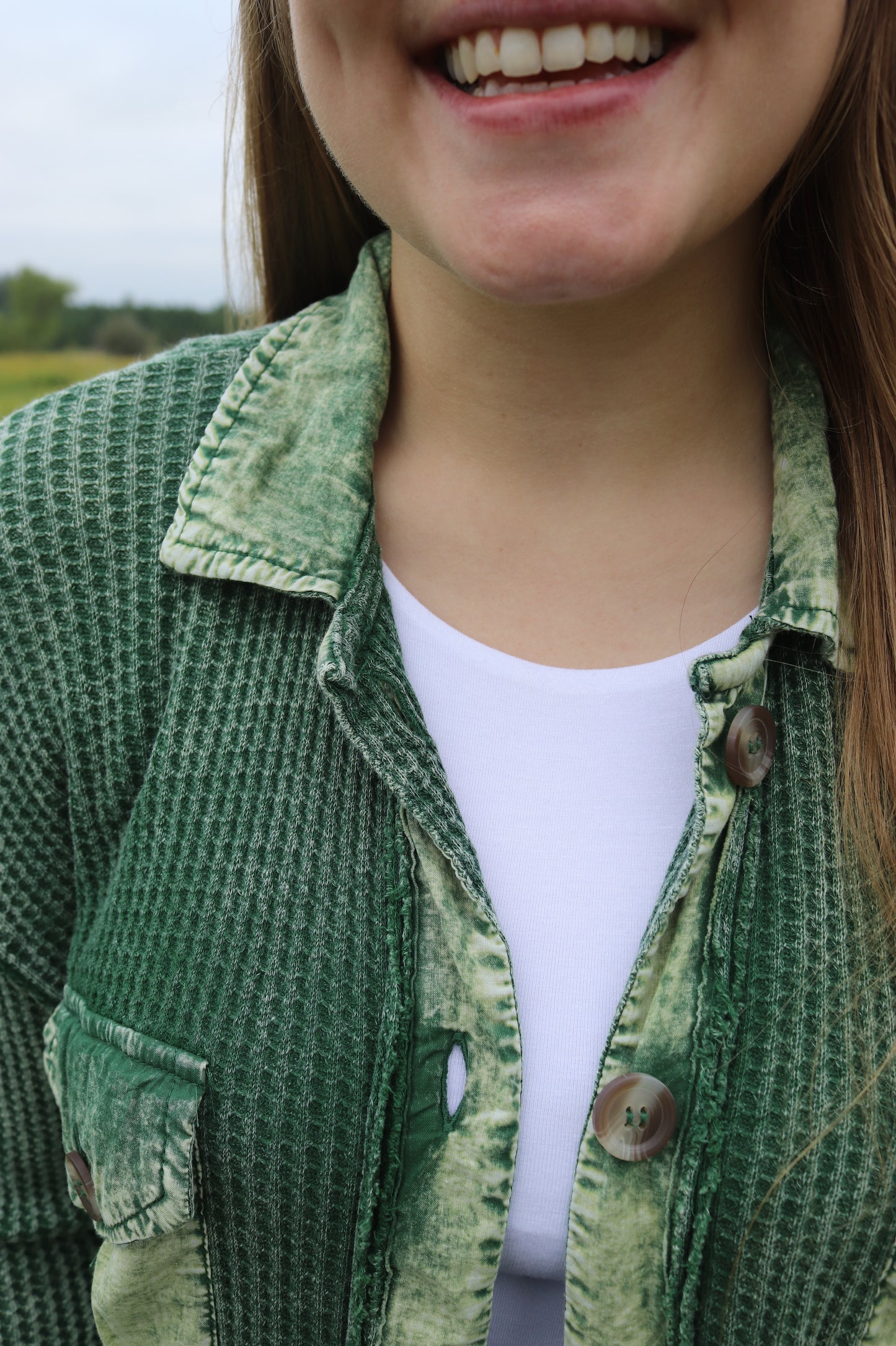 Forest Green Washed Waffle Button Up