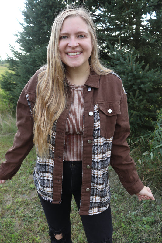 Brown Plaid Patchwork Denim Jacket