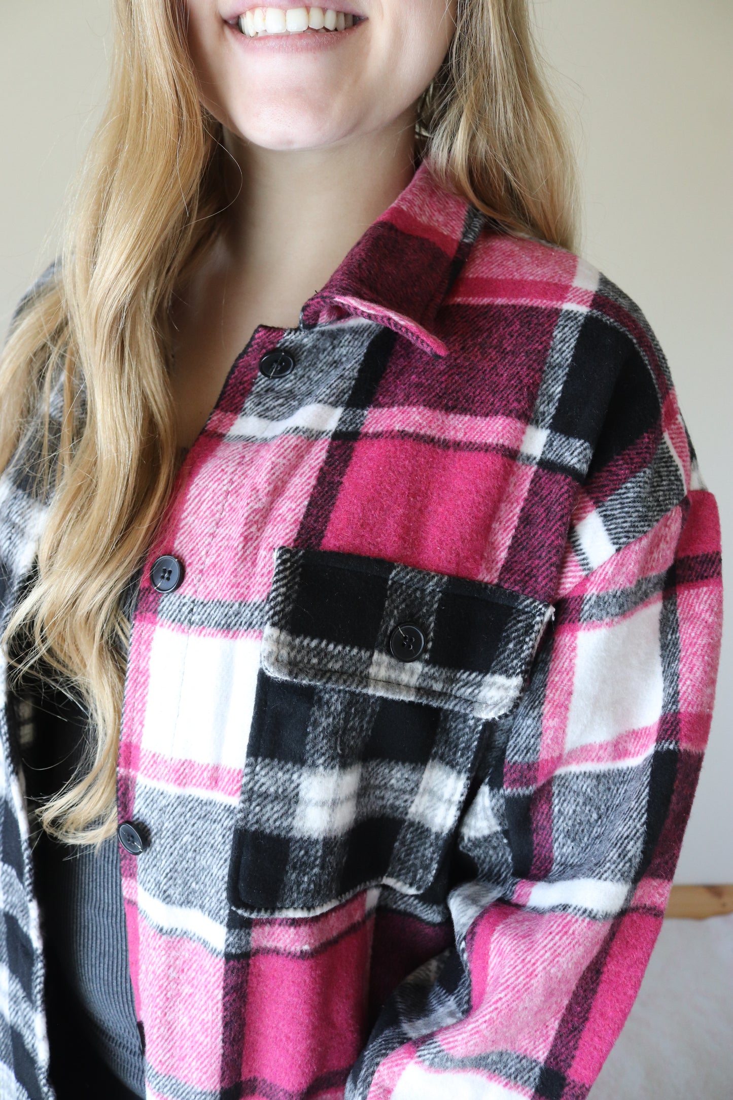 Black/Pink Plaid Patchwork Shacket