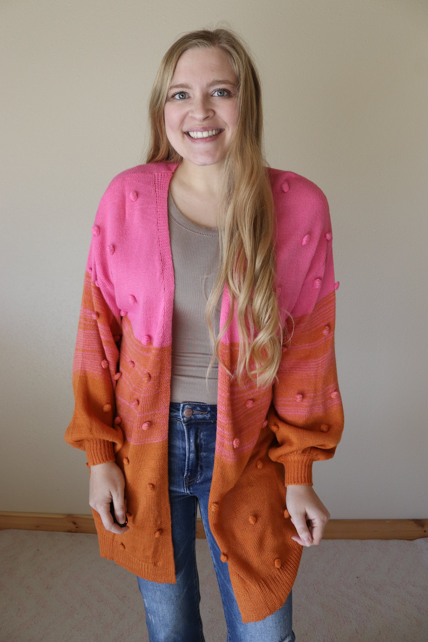 Pink to Orange Ombre Pompom Cardigan