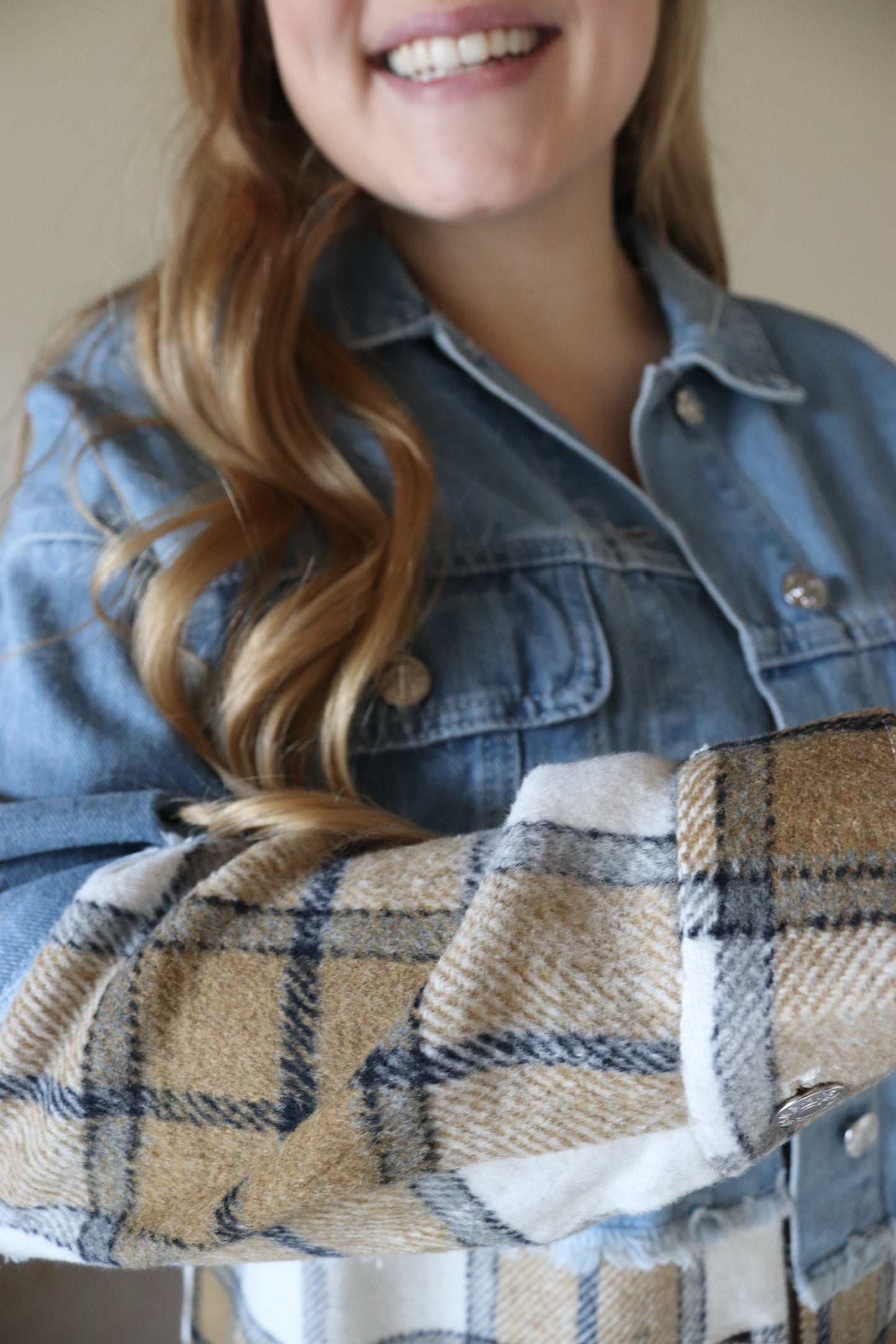 Khaki Plaid Patchwork Denim Jacket