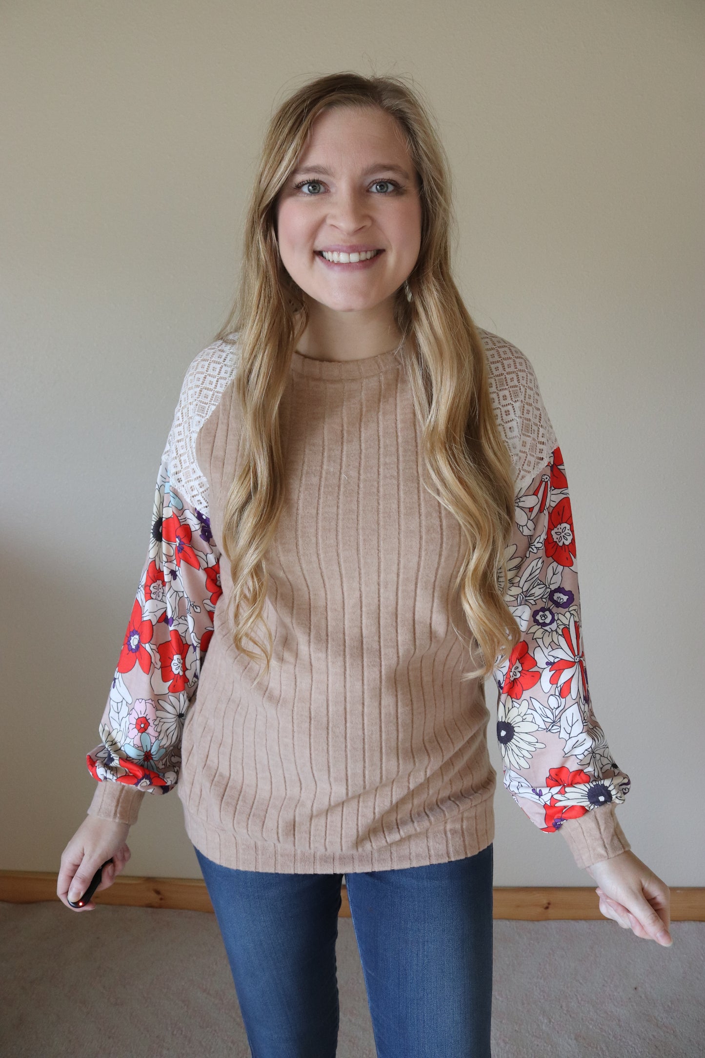 Tan Ribbed Floral Patchwork Blouse