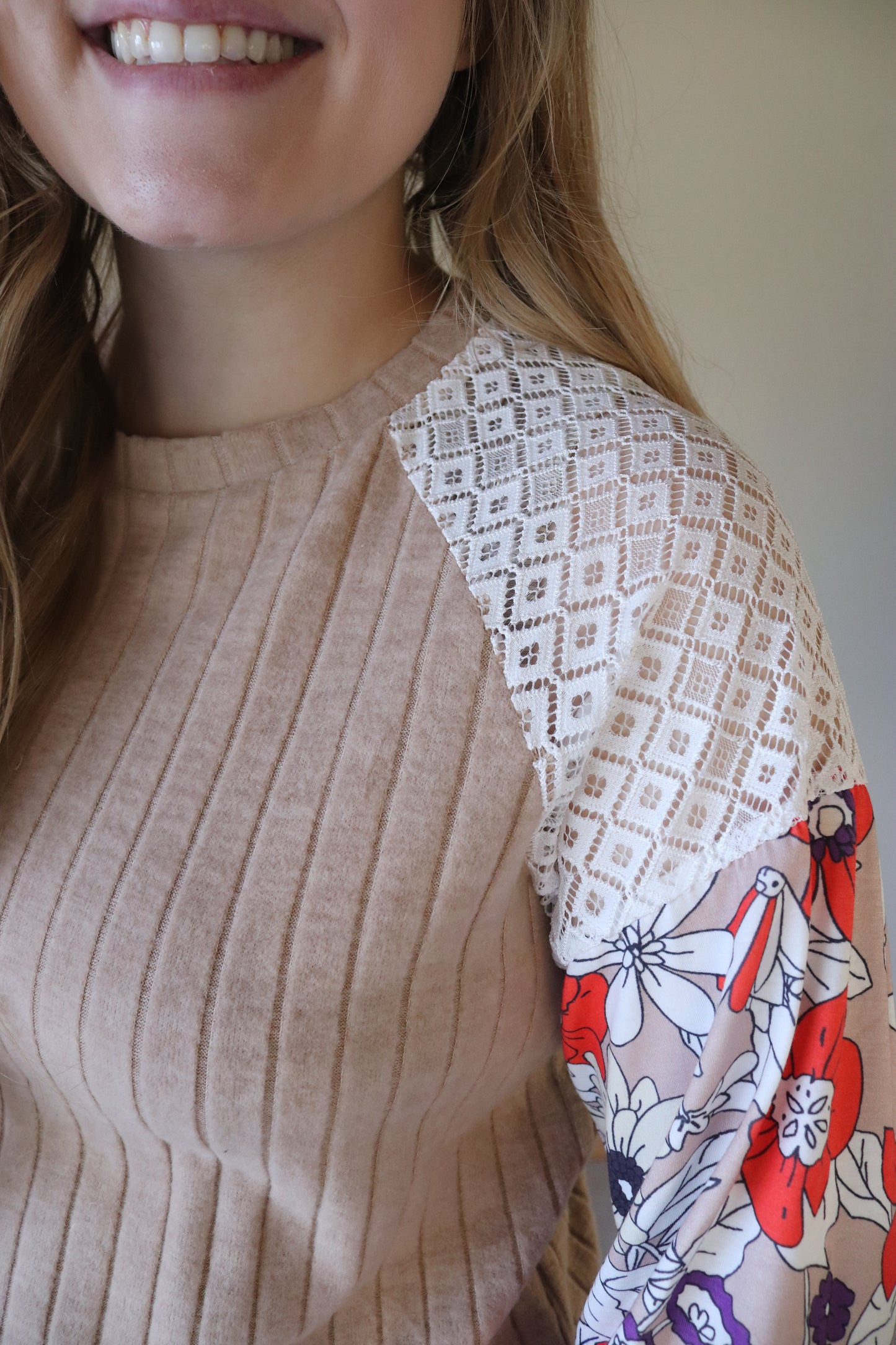 Tan Ribbed Floral Patchwork Blouse