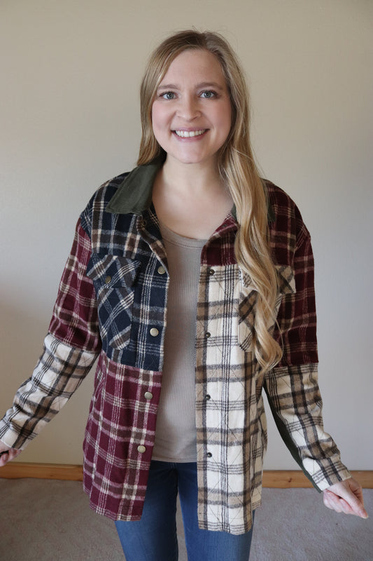 Maroon Plaid Patchwork Shacket