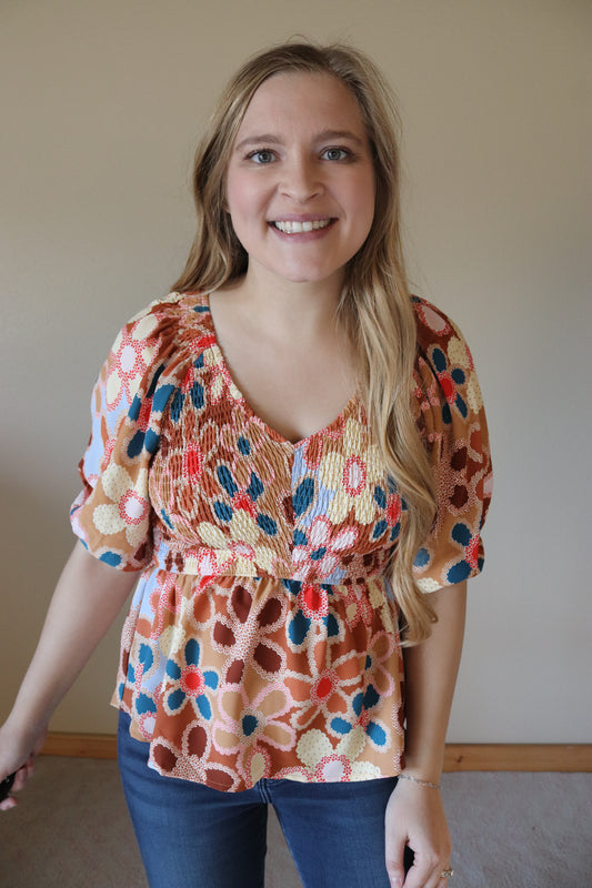 Autumn Floral Smocked Top