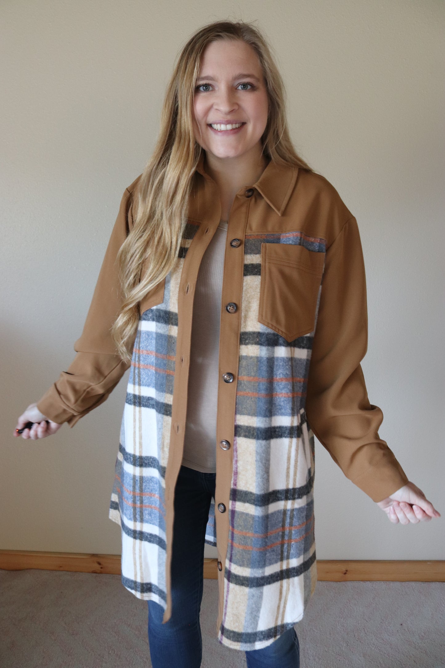 Long Khaki Plaid Patchwork Shacket