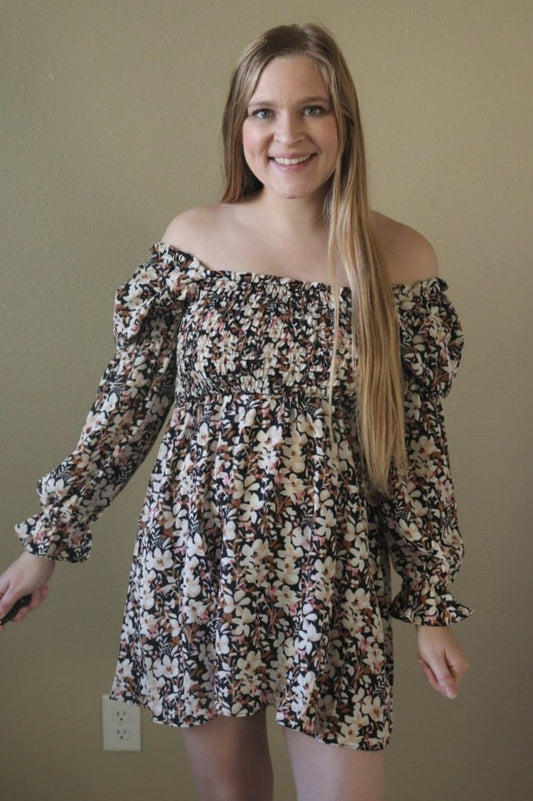 Brown Floral Puff Sleeve Dress