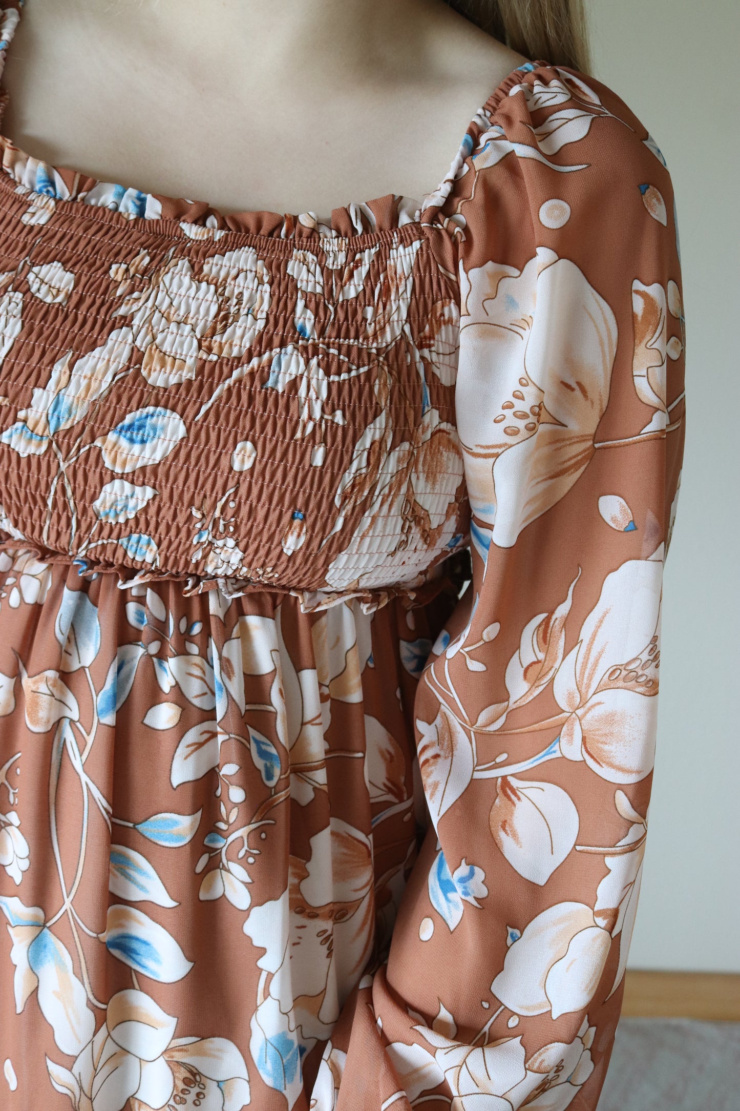 Brown Floral Smocked Maxi Dress