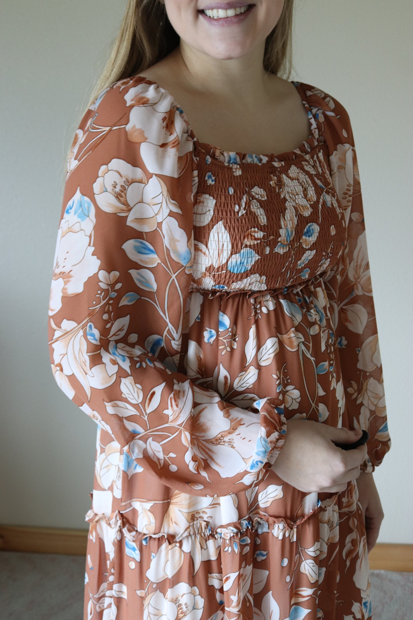 Brown Floral Smocked Maxi Dress