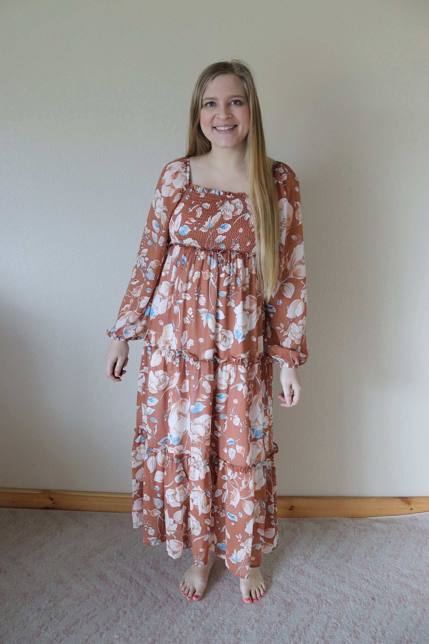 Brown Floral Smocked Maxi Dress