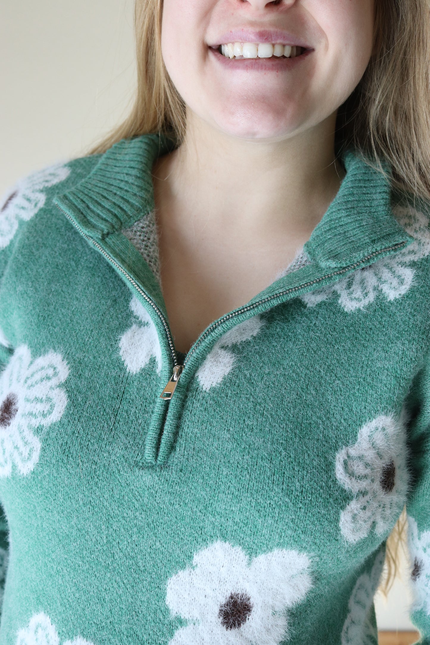 Green Floral Half Zip Sweater