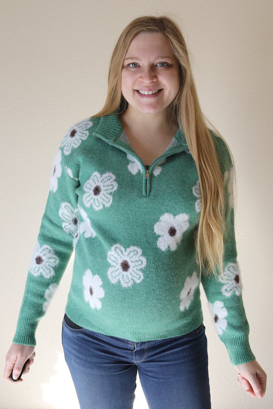 Green Floral Half Zip Sweater