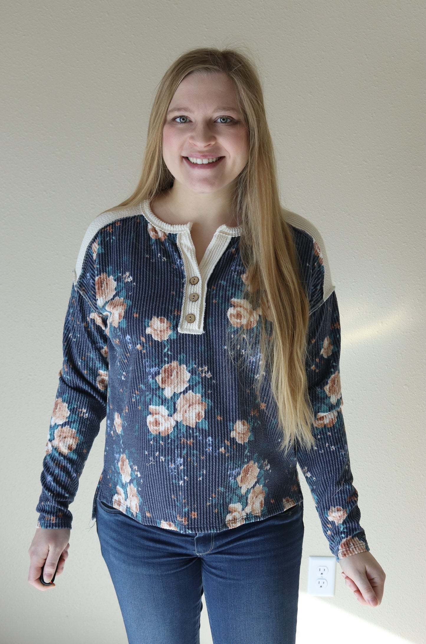 Navy Floral Ribbed Long Sleeve