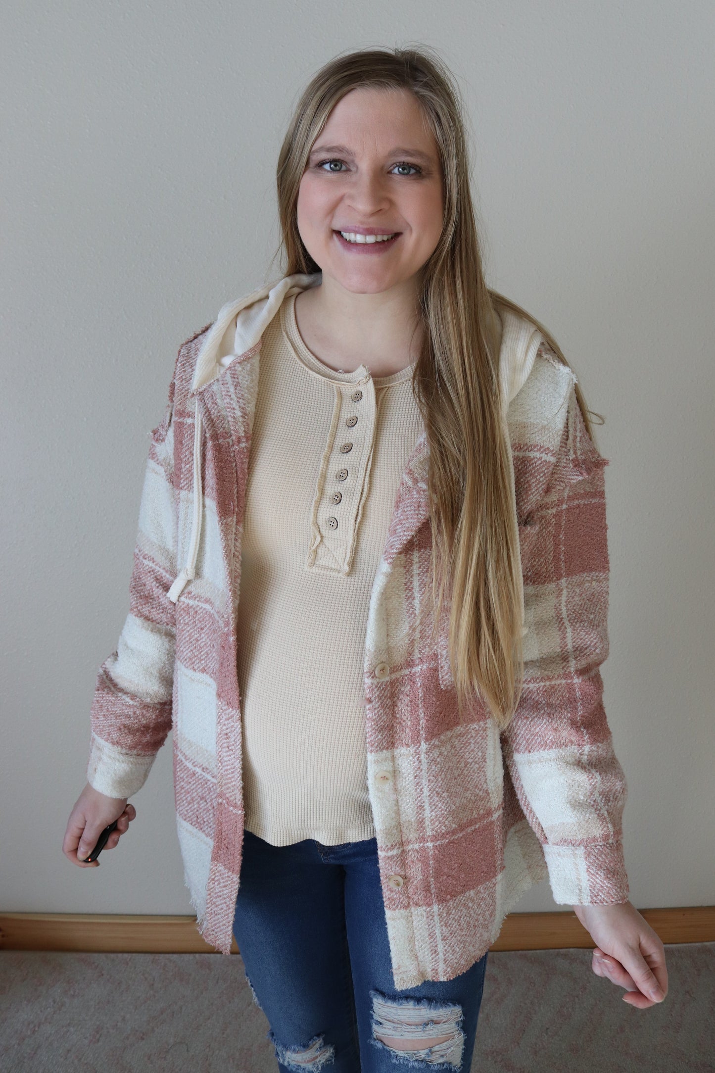 Blush Plaid Hooded Shacket