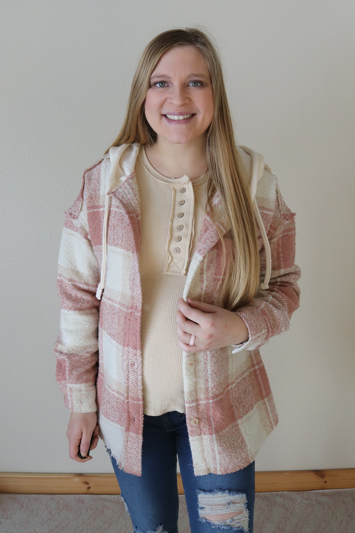 Blush Plaid Hooded Shacket