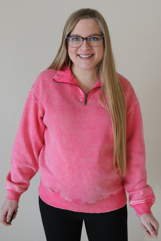 Fuchsia Acid Washed 1/4 Zip Sweatshirt