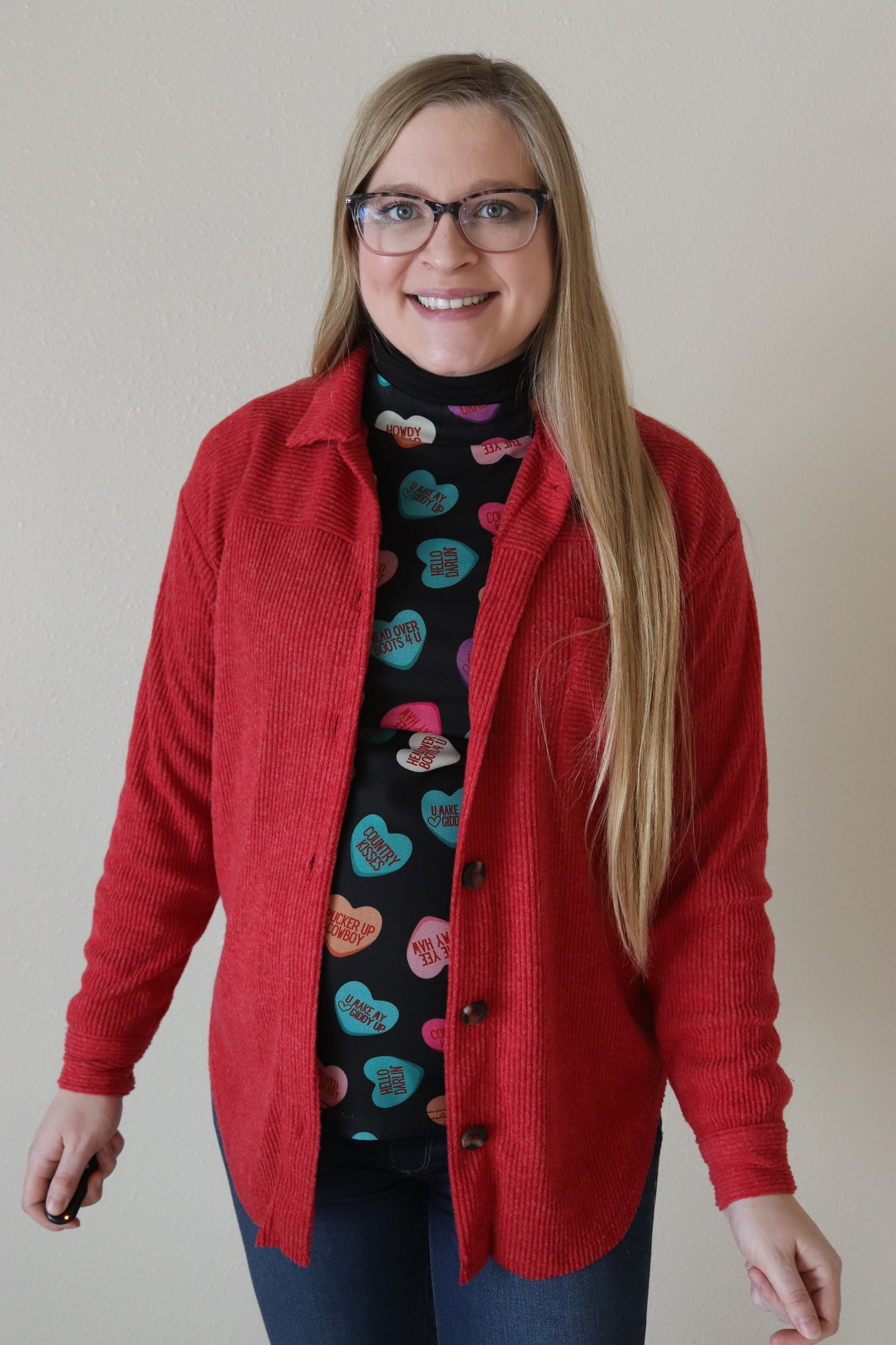 Red Brushed Ribbed Button Up