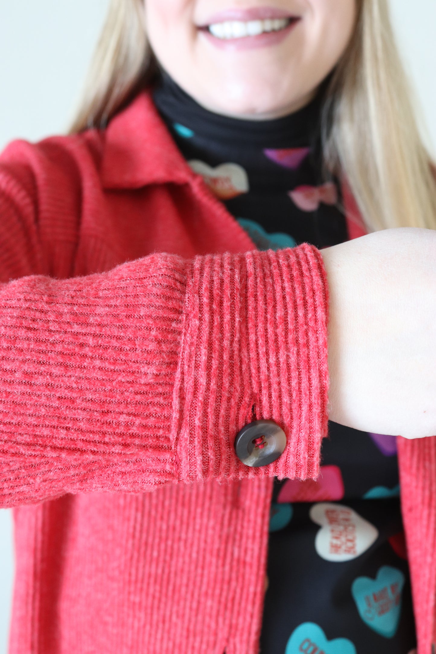 Red Brushed Ribbed Button Up