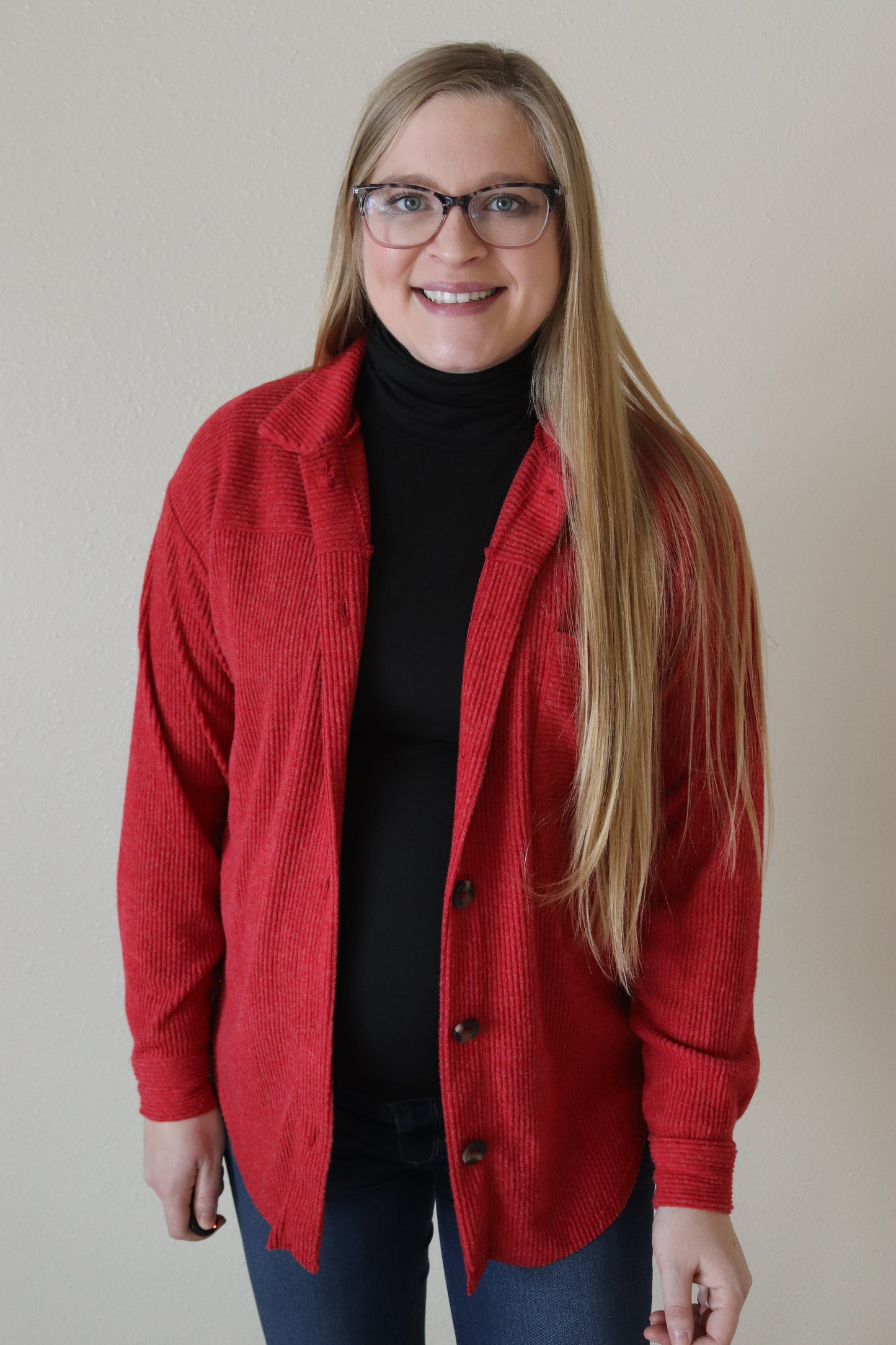 Red Brushed Ribbed Button Up