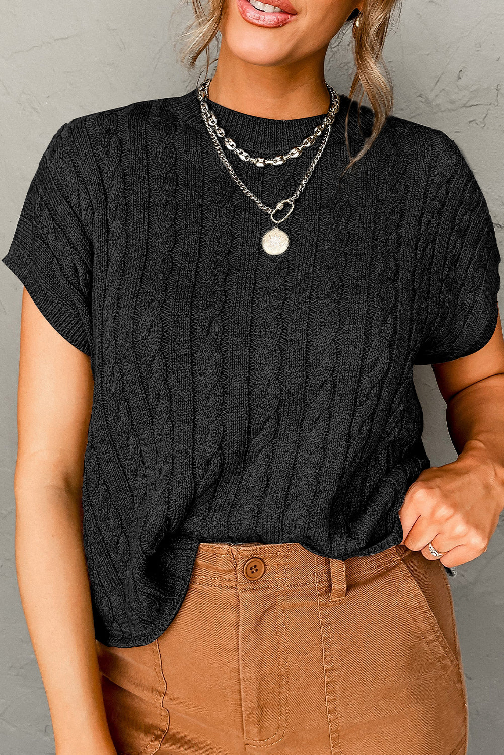 Black Knit Short Sleeve Sweater