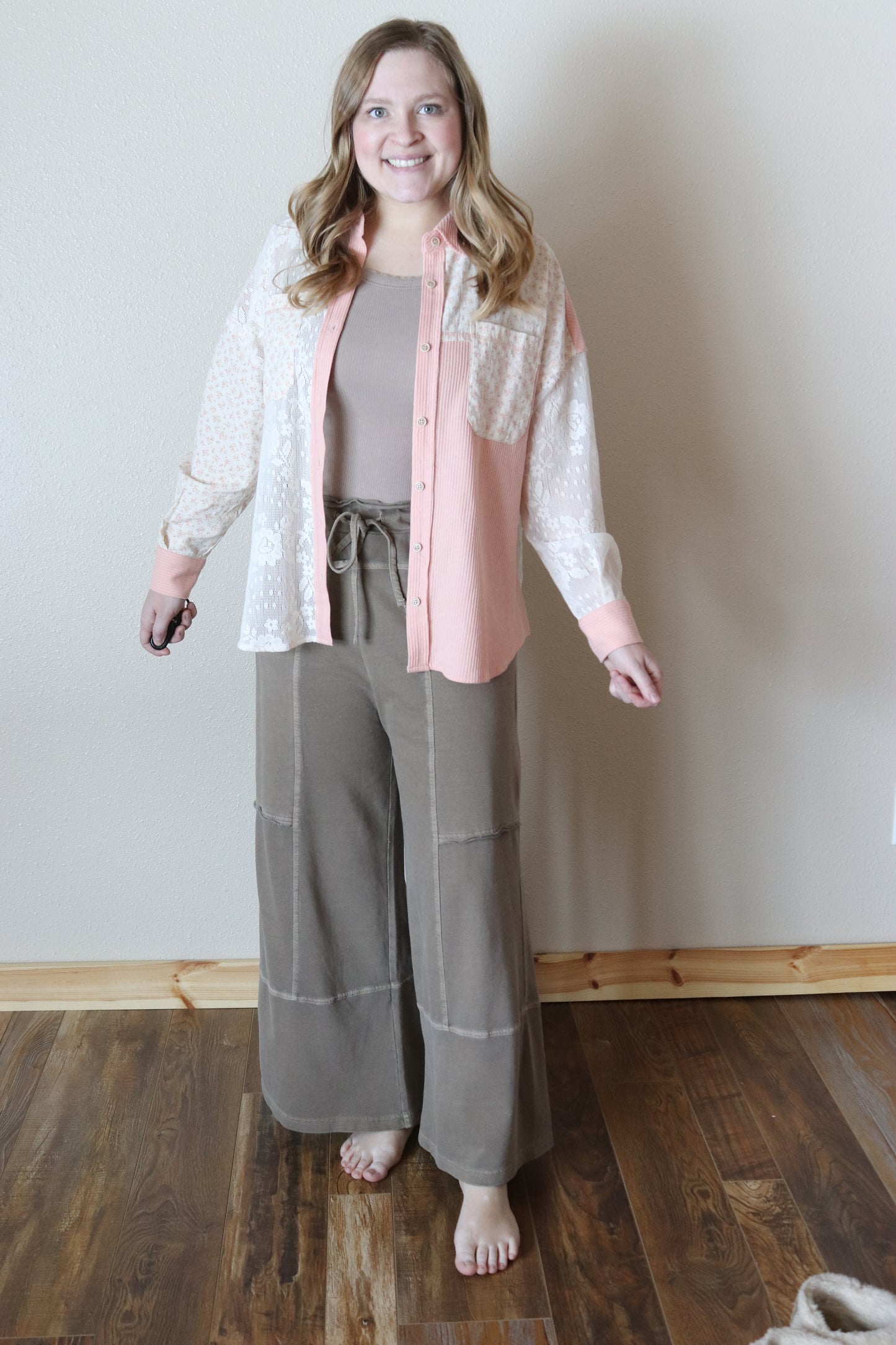 Blush Lace Patchwork Button Down