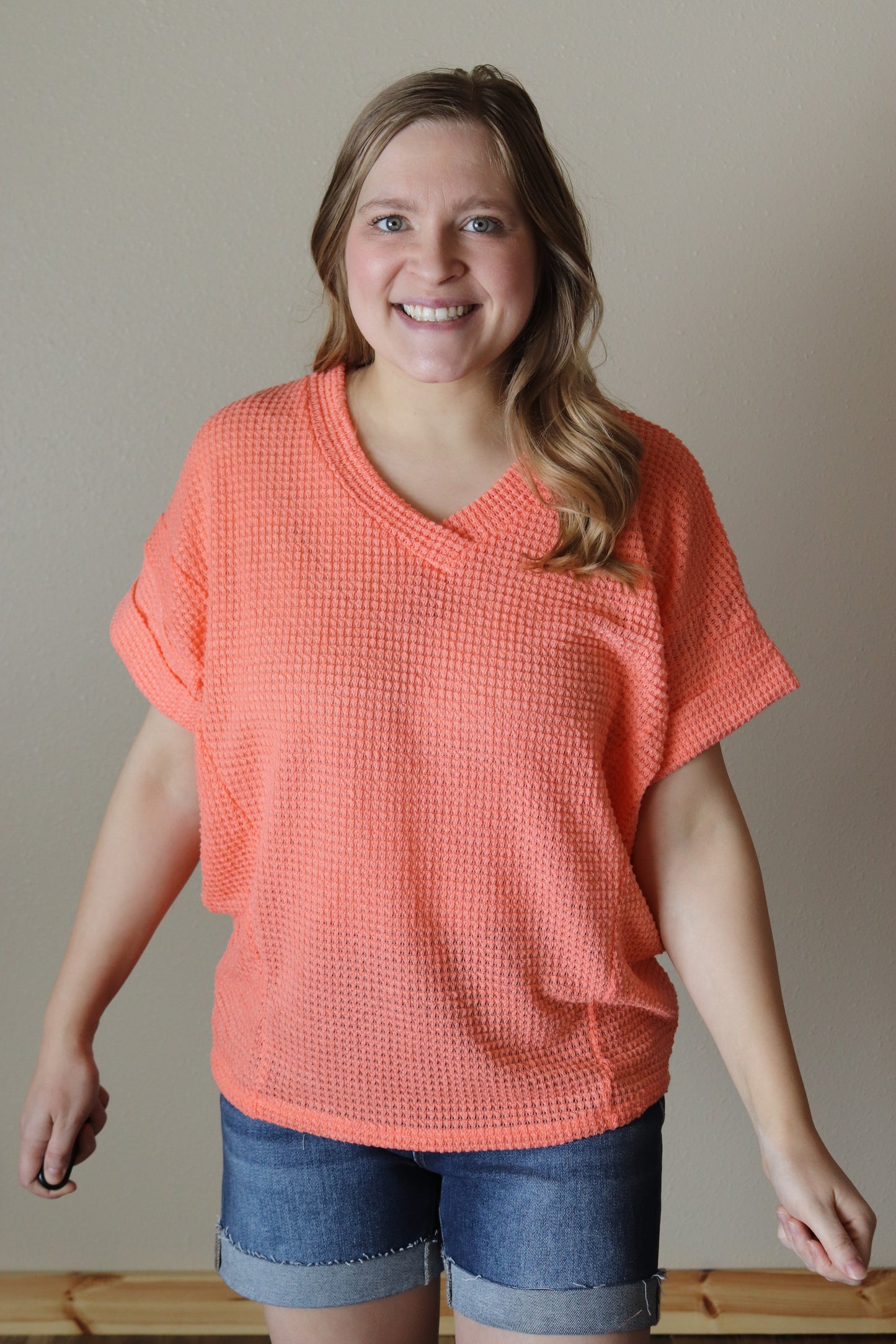 Oversized Coral Waffle Knit Top