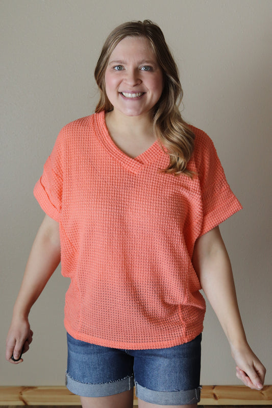 Oversized Coral Waffle Knit Top