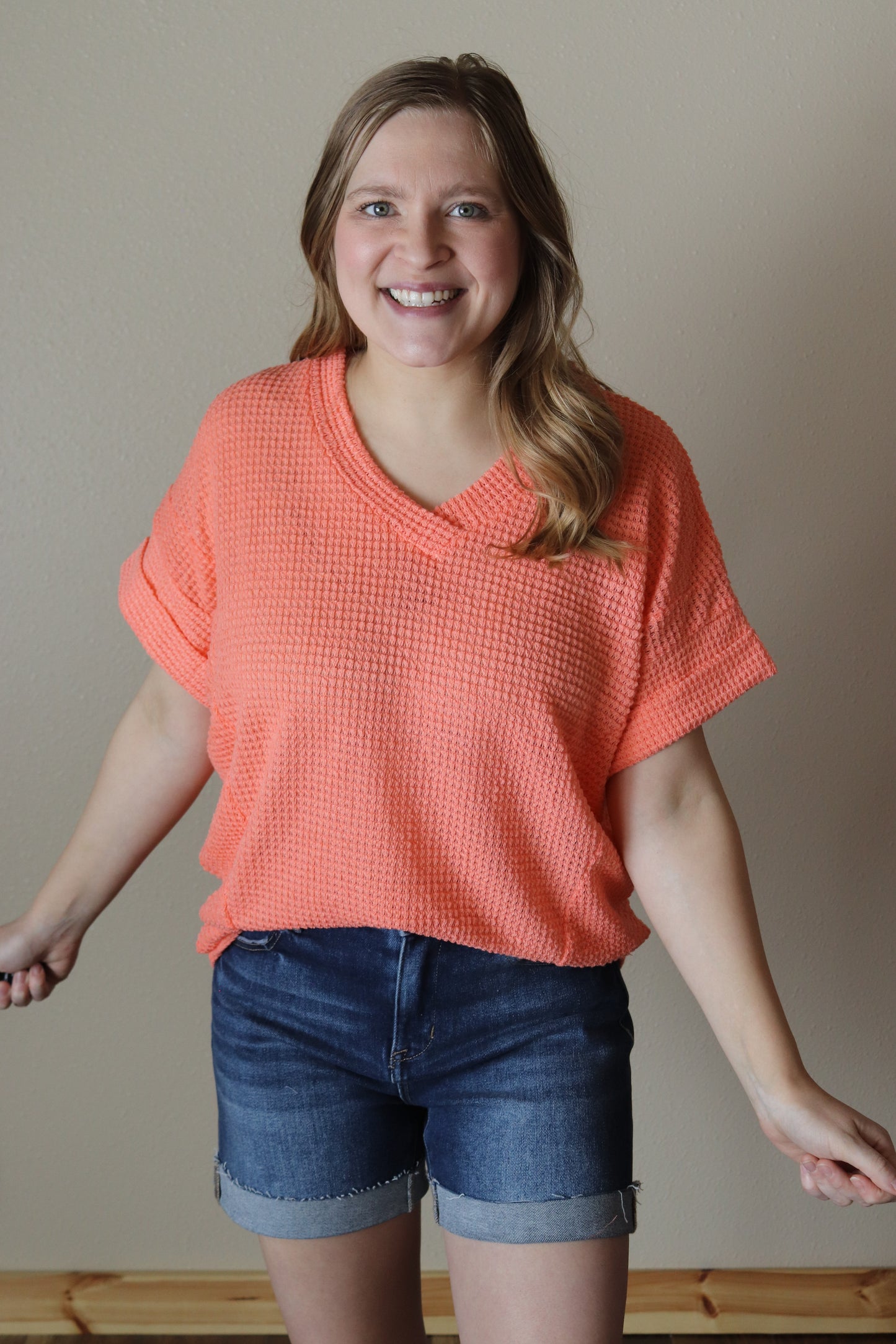 Oversized Coral Waffle Knit Top