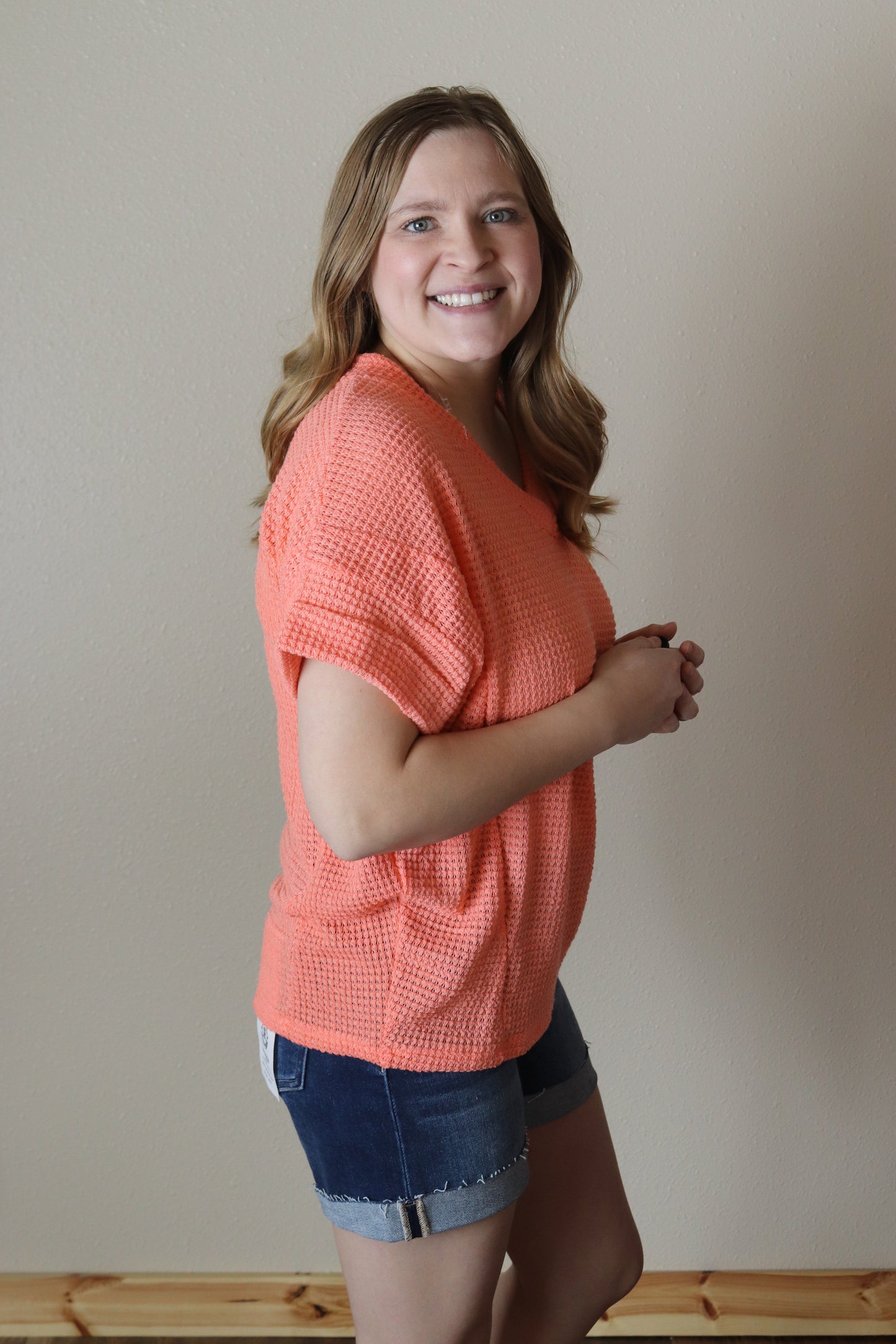 Oversized Coral Waffle Knit Top