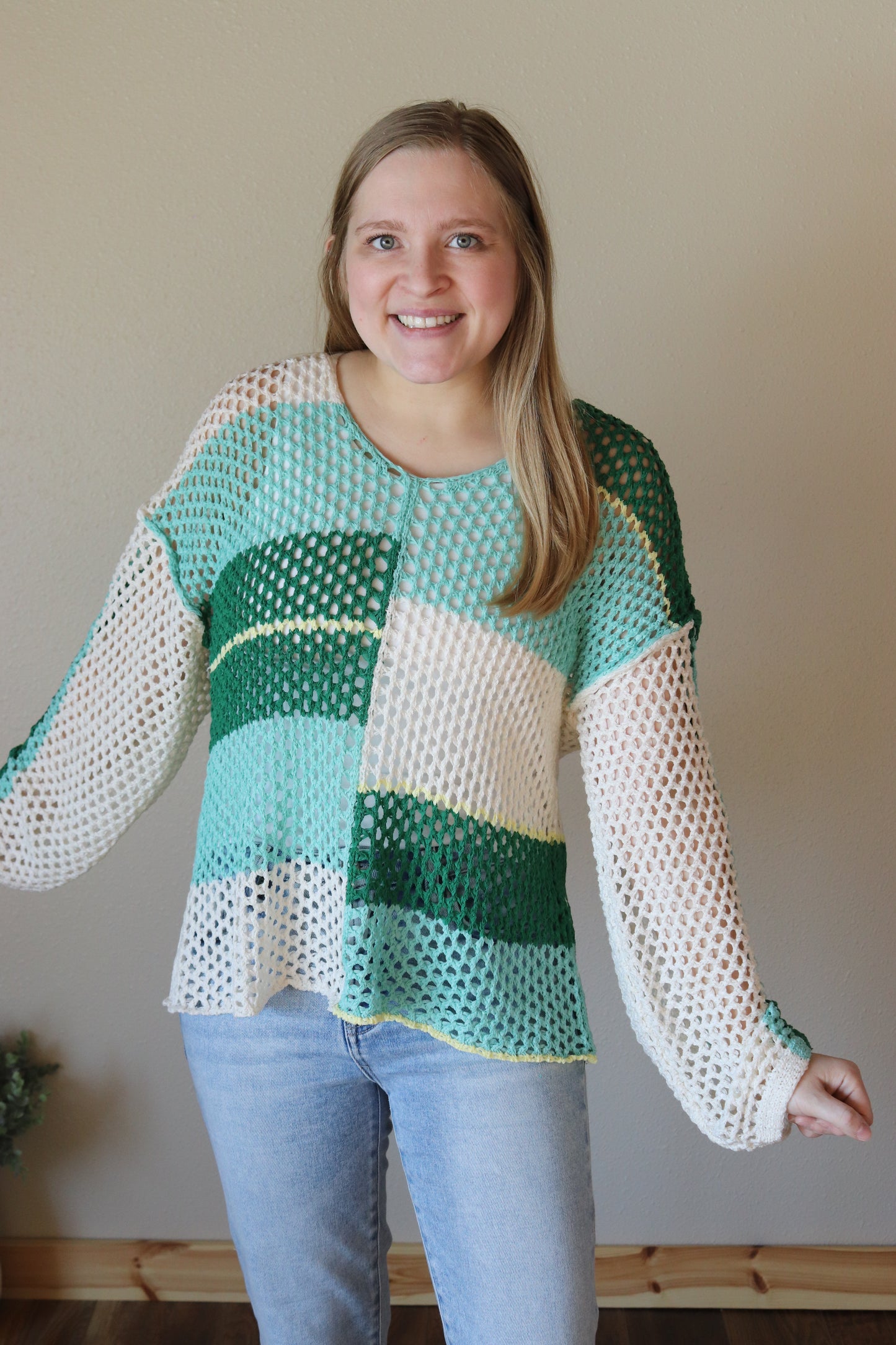 Oversized Green Colorblock Knit Sweater