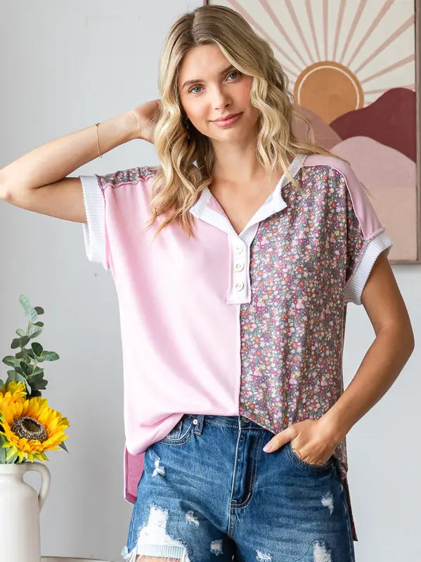 Pink Floral Colorblock Top