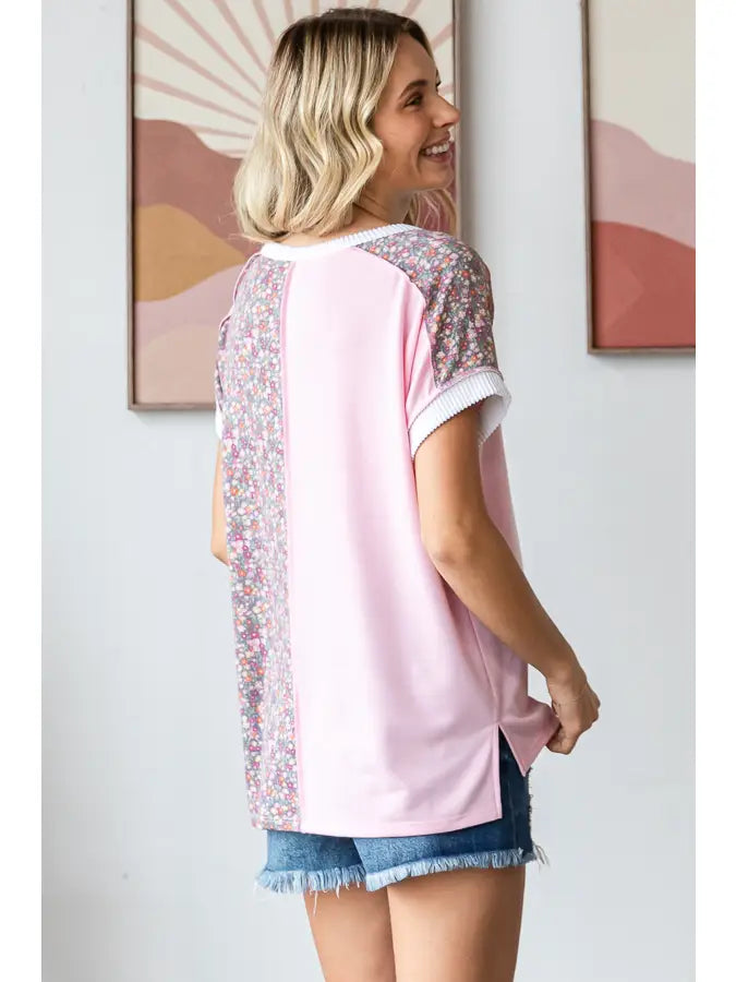 Pink Floral Colorblock Top