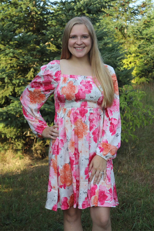 Pink/Orange Floral Long Sleeve Smocked Dress