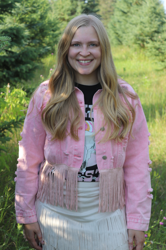 Pink Distressed Fringed Cropped Denim Jacket