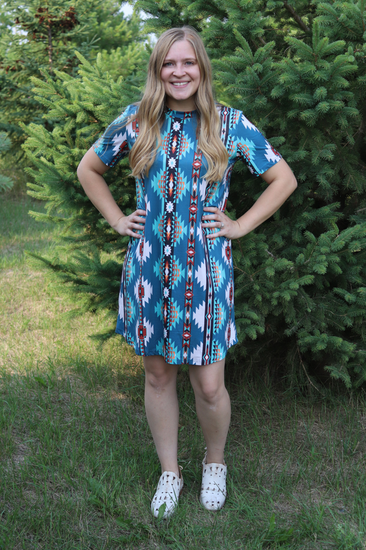 Teal Aztec T-shirt Dress