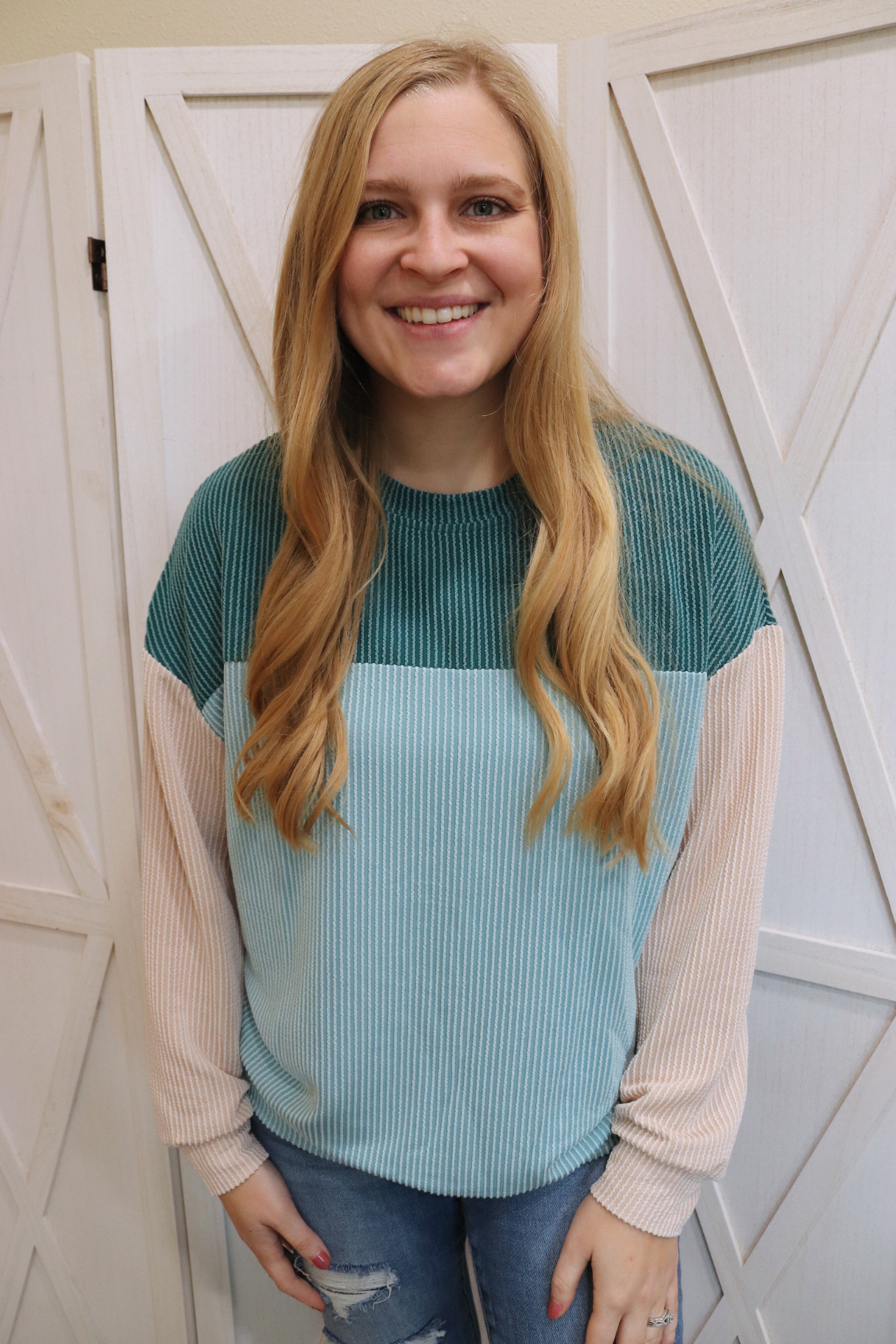 Teal Colorblock Ribbed Long Sleeve Top