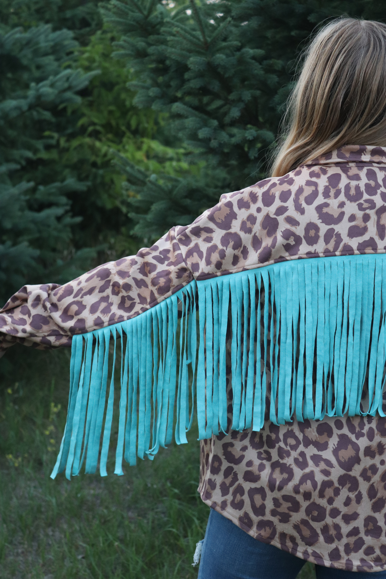 Turquoise Fringe Leopard Suede Jacket