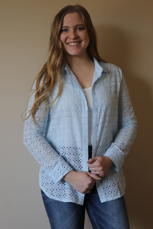 Blue Eyelet Button Up