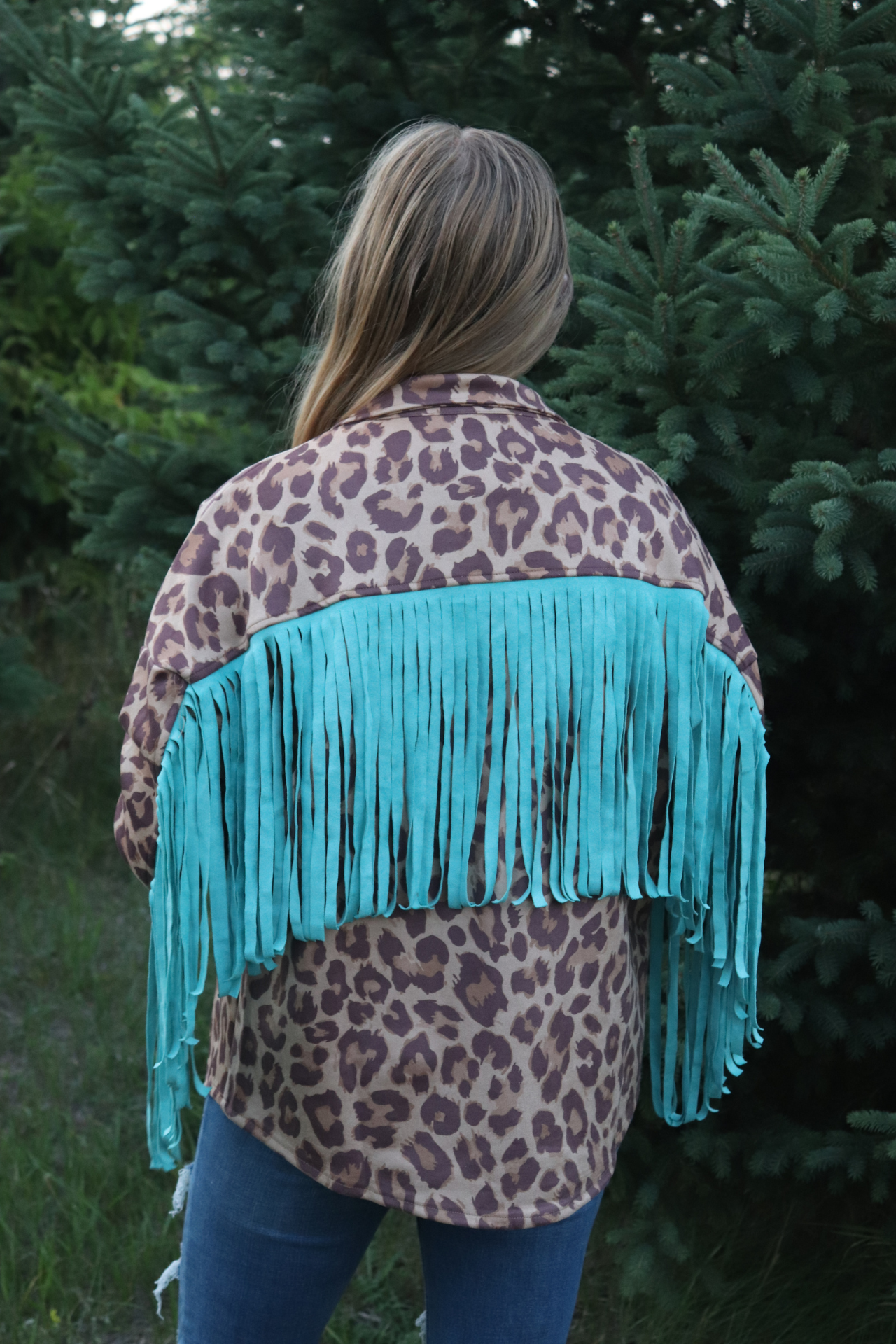 Turquoise Fringe Leopard Suede Jacket