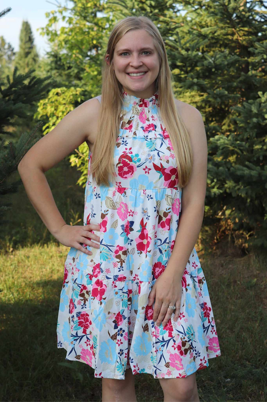 High Neck White Floral Sleeveless Dress