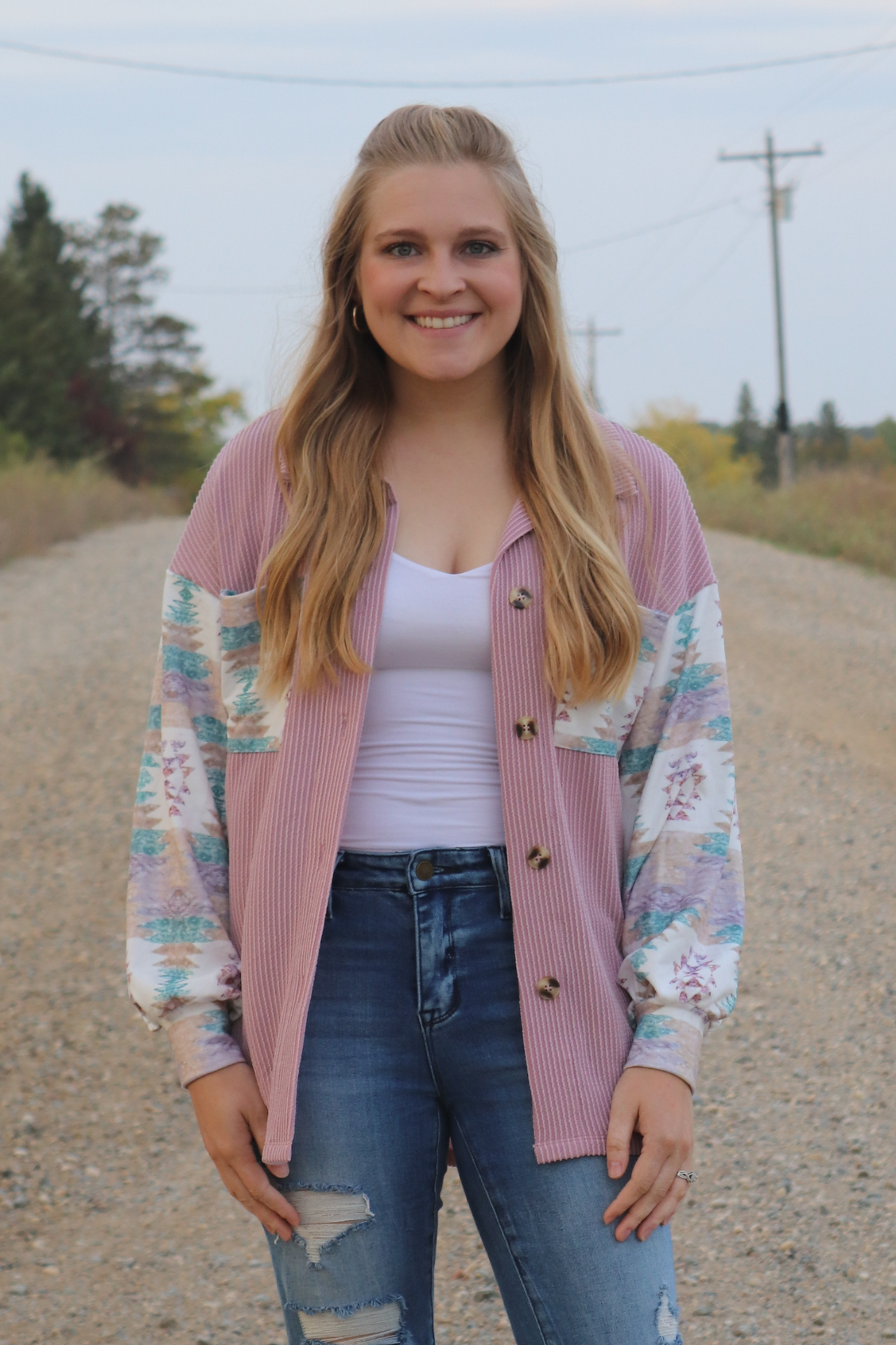 Pink Ribbed Knit Aztec Button Up