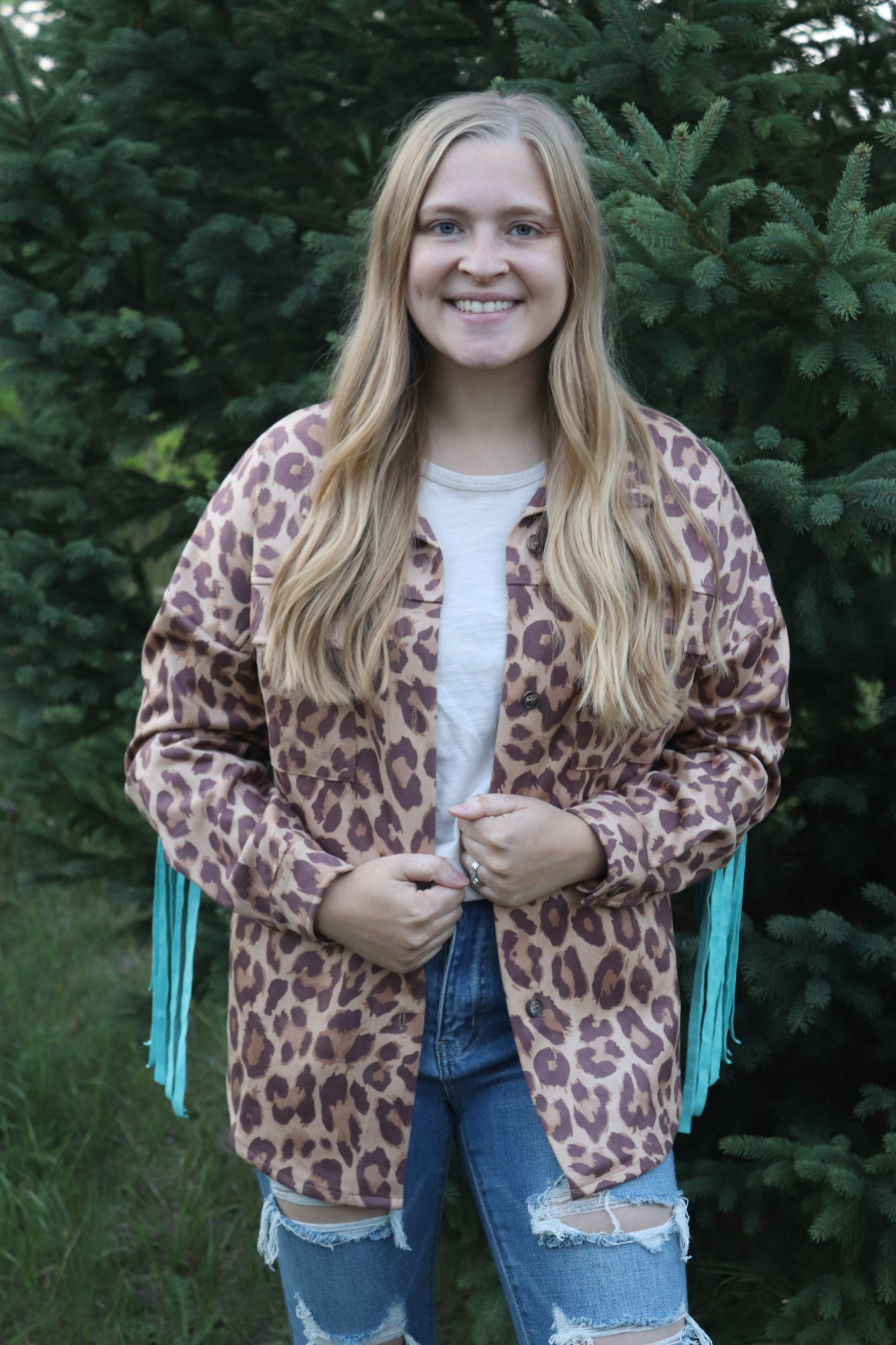 Turquoise Fringe Leopard Suede Jacket