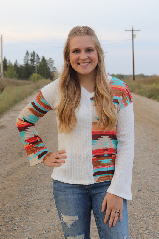 White/Aztec Patch Long Sleeve Top