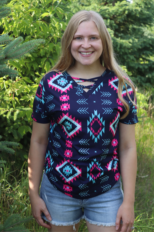 Navy Aztec V-neck Tee